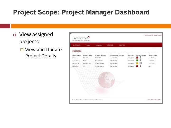 Project Scope: Project Manager Dashboard View assigned projects � View and Update Project Details Project Scope: Project Manager Dashboard View assigned projects � View and Update Project Details