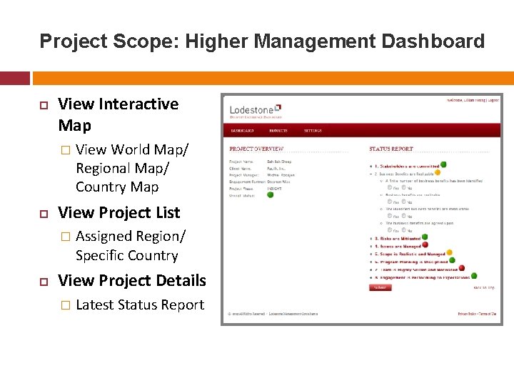 Project Scope: Higher Management Dashboard View Interactive Map � View Project List � View Project Scope: Higher Management Dashboard View Interactive Map � View Project List � View