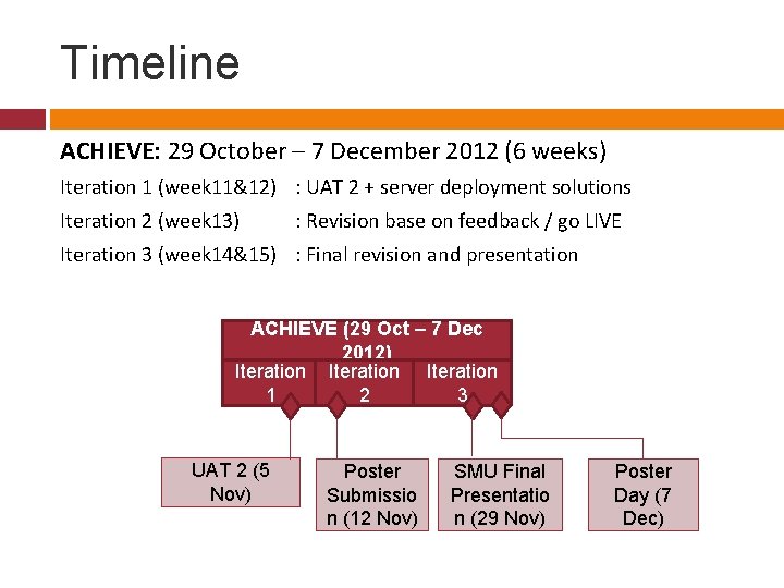 Timeline ACHIEVE: 29 October – 7 December 2012 (6 weeks) Iteration 1 (week 11&12) Timeline ACHIEVE: 29 October – 7 December 2012 (6 weeks) Iteration 1 (week 11&12)