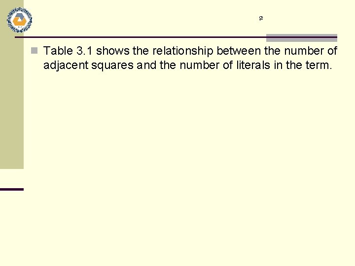 19 n Table 3. 1 shows the relationship between the number of adjacent squares