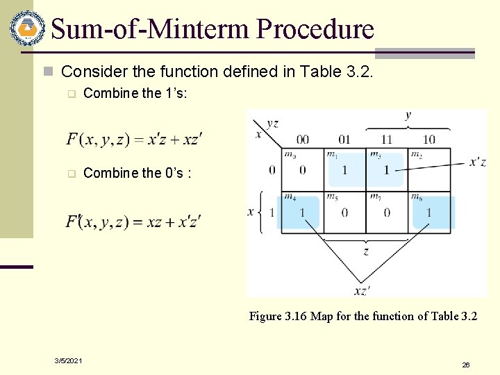 Sum-of-Minterm Procedure n Consider the function defined in Table 3. 2. q Combine the