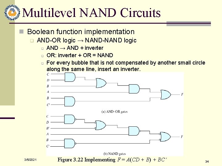 Multilevel NAND Circuits n Boolean function implementation q AND-OR logic → NAND-NAND logic q