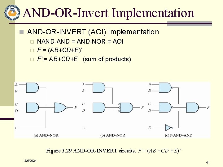 AND-OR-Invert Implementation n AND-OR-INVERT (AOI) Implementation q q q NAND-AND = AND-NOR = AOI