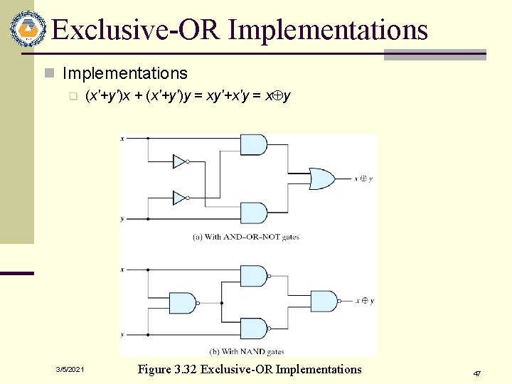 Exclusive-OR Implementations n Implementations q 3/5/2021 (x'+y')x + (x'+y')y = xy'+x'y = xÅy Figure