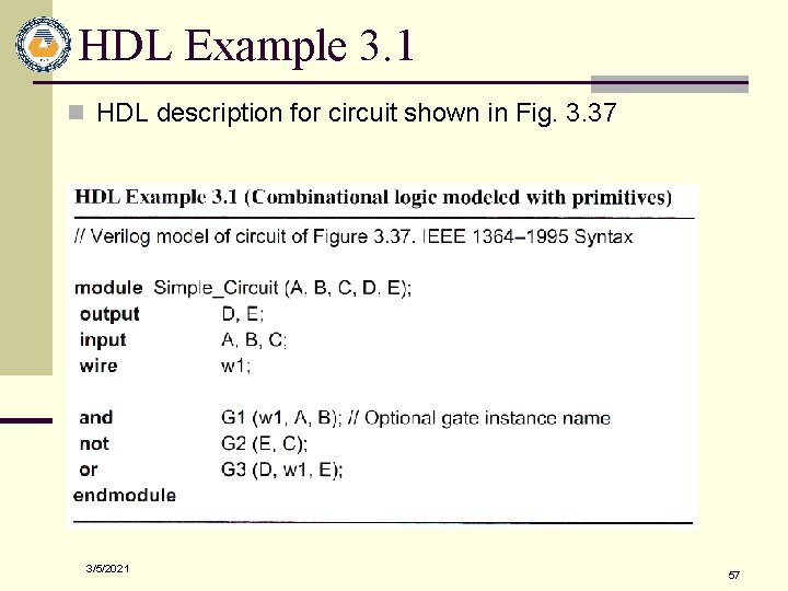 HDL Example 3. 1 n HDL description for circuit shown in Fig. 3. 37