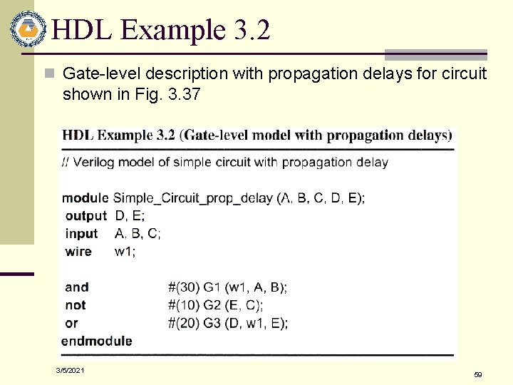 HDL Example 3. 2 n Gate-level description with propagation delays for circuit shown in