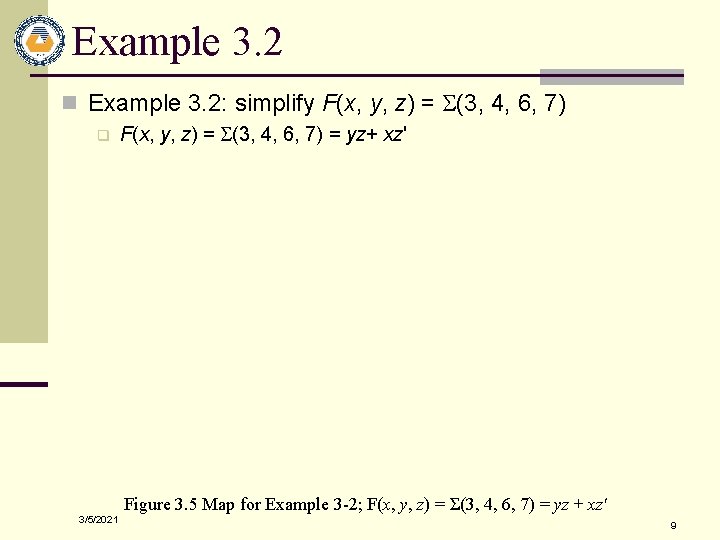 Example 3. 2 n Example 3. 2: simplify F(x, y, z) = S(3, 4,