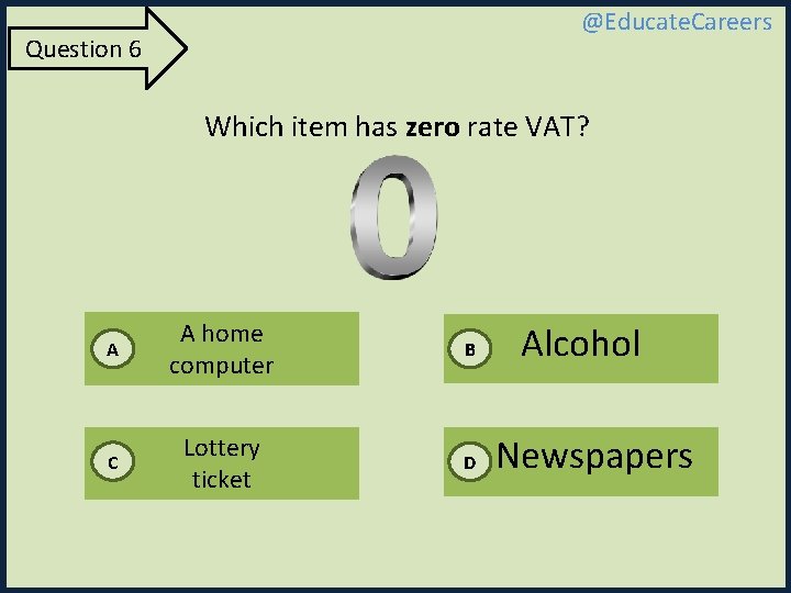 @Educate. Careers Question 6 Which item has zero rate VAT? A A home computer