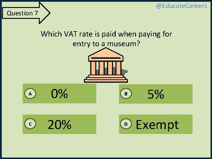 @Educate. Careers Question 7 Which VAT rate is paid when paying for entry to