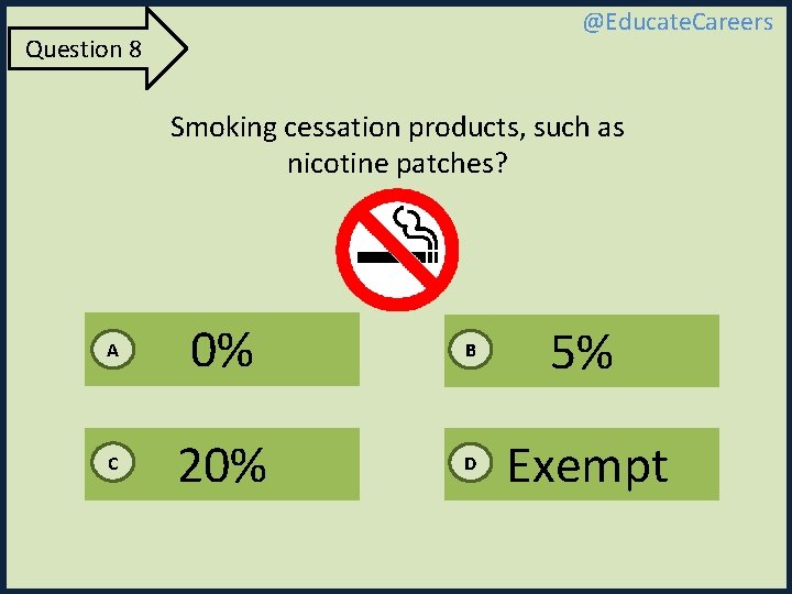 @Educate. Careers Question 8 Smoking cessation products, such as nicotine patches? A 0% B