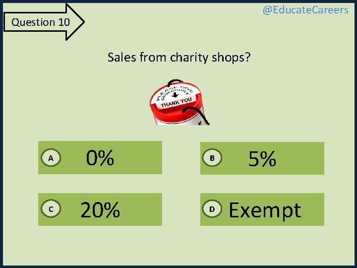 @Educate. Careers Question 10 Sales from charity shops? A 0% B 5% C 20%