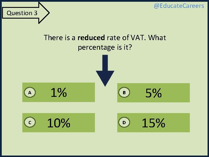 @Educate. Careers Question 3 There is a reduced rate of VAT. What percentage is