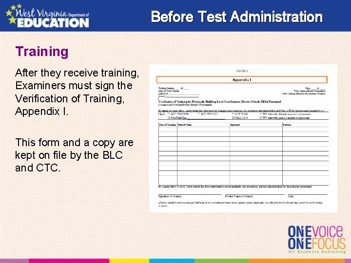 Before Test Administration Training After they receive training, Examiners must sign the Verification of