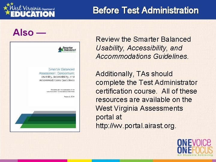 Before Test Administration Also — Review the Smarter Balanced Usability, Accessibility, and Accommodations Guidelines.