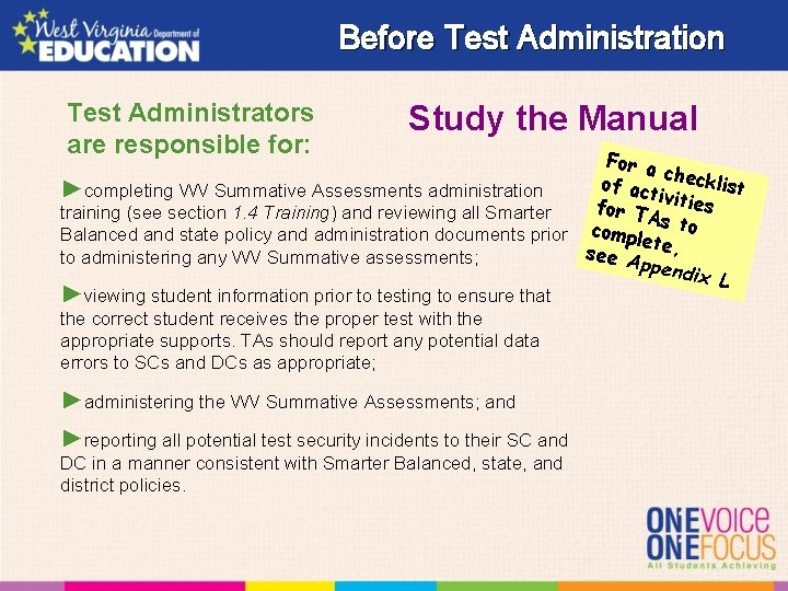 Before Test Administration Test Administrators are responsible for: Study the Manual For a check