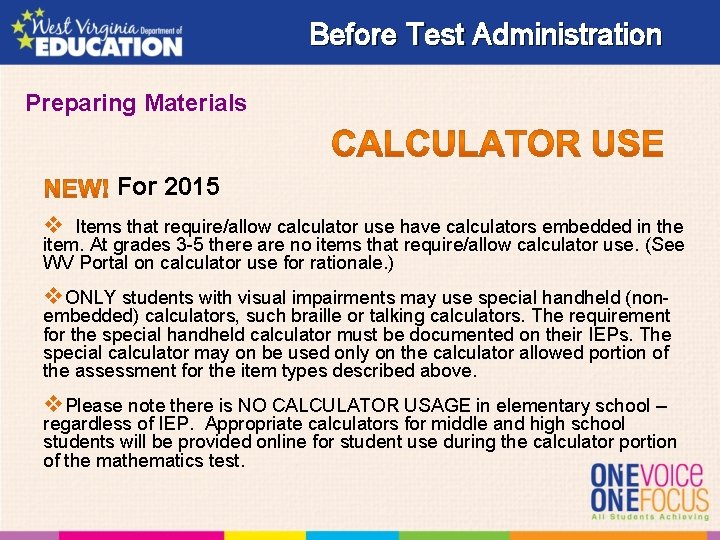 Before Test Administration Preparing Materials For 2015 v Items that require/allow calculator use have