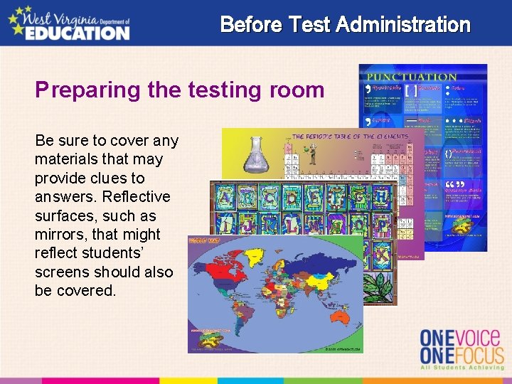 Before Test Administration Preparing the testing room Be sure to cover any materials that
