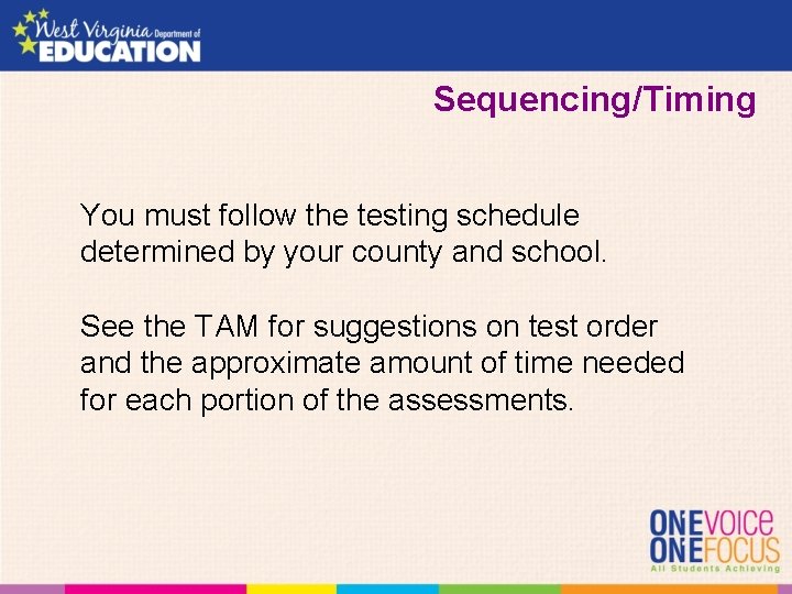 Sequencing/Timing You must follow the testing schedule determined by your county and school. See