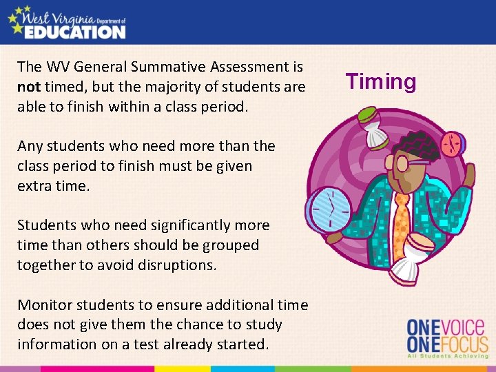 The WV General Summative Assessment is not timed, but the majority of students are