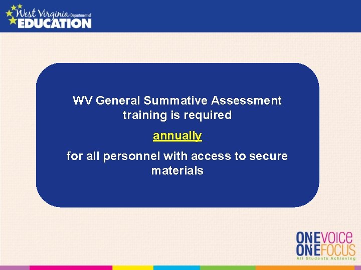 WV General Summative Assessment training is required annually for all personnel with access to