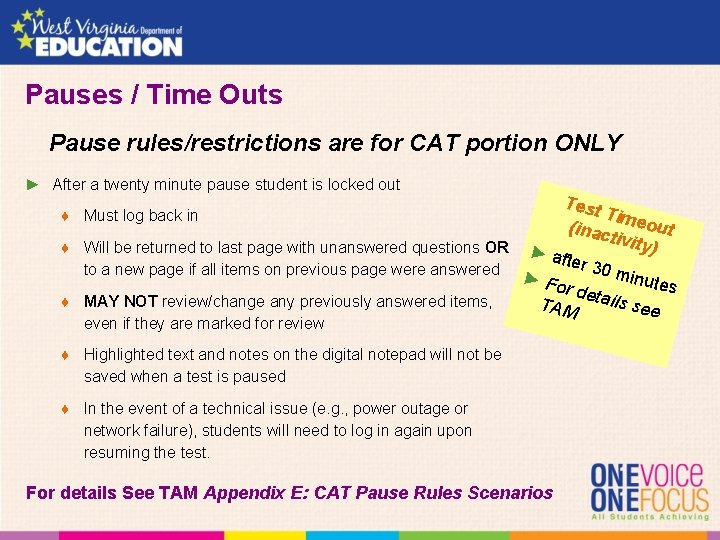 Pauses / Time Outs Pause rules/restrictions are for CAT portion ONLY ► After a