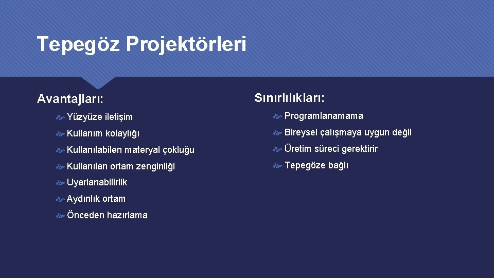 Tepegöz Projektörleri Avantajları: Sınırlılıkları: Yüzyüze iletişim Programlanamama Kullanım kolaylığı Bireysel çalışmaya uygun değil Kullanılabilen