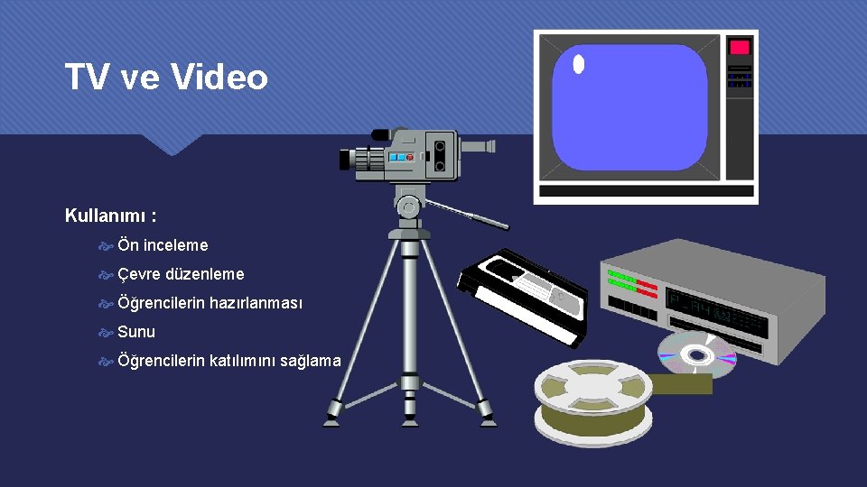TV ve Video Kullanımı : Ön inceleme Çevre düzenleme Öğrencilerin hazırlanması Sunu Öğrencilerin katılımını