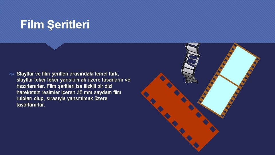 Film Şeritleri Slaytlar ve film şeritleri arasındaki temel fark, slaytlar teker yansıtılmak üzere tasarlanır