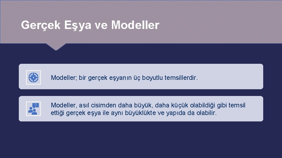 Gerçek Eşya ve Modeller; bir gerçek eşyanın üç boyutlu temsillerdir. Modeller, asıl cisimden daha