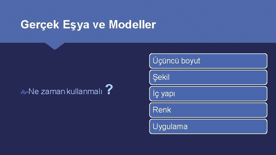 Gerçek Eşya ve Modeller Üçüncü boyut Şekil Ne zaman kullanmalı ? İç yapı Renk