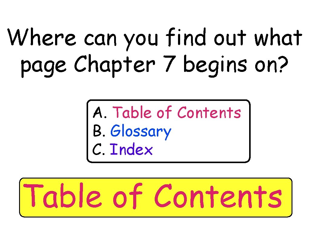 Where can you find out what page Chapter 7 begins on? A. Table of