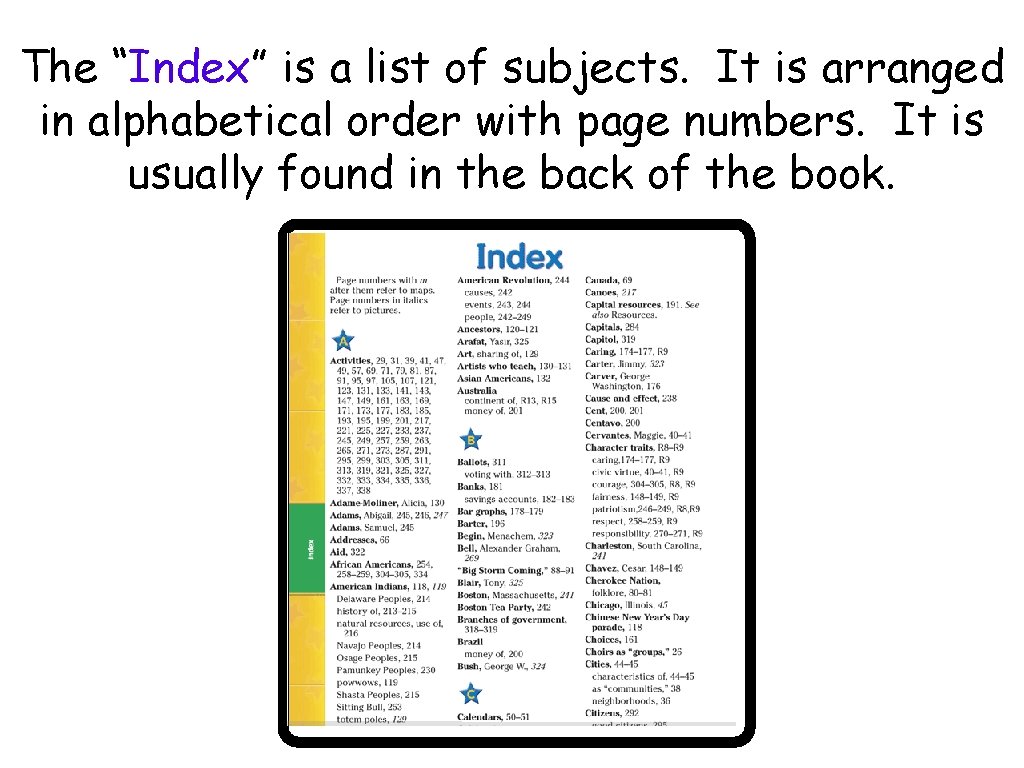 The “Index” is a list of subjects. It is arranged in alphabetical order with