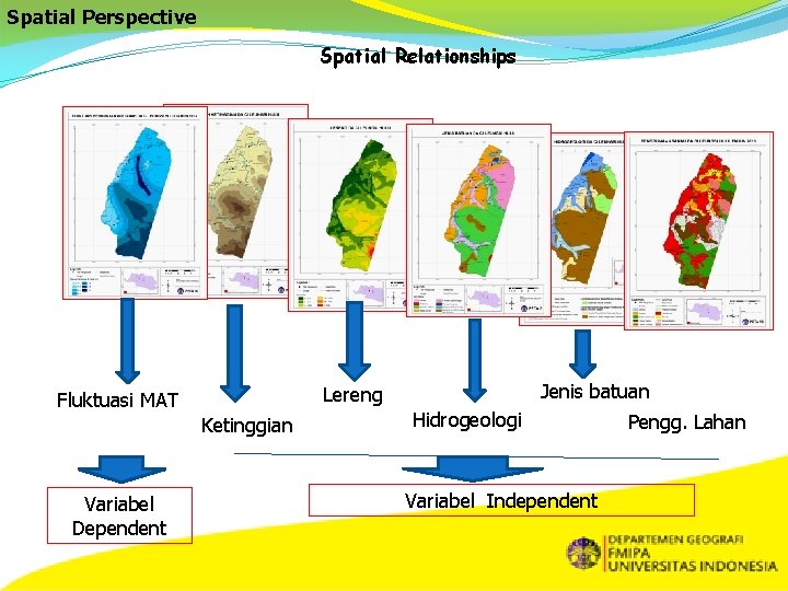 Spatial Perspective Spatial Relationships Ketinggian Variabel Dependent Jenis batuan Lereng Fluktuasi MAT Hidrogeologi Variabel