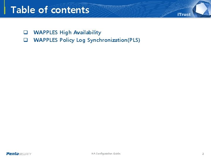 Table of contents q q WAPPLES High Availability WAPPLES Policy Log Synchronization(PLS) HA Configuration Table of contents q q WAPPLES High Availability WAPPLES Policy Log Synchronization(PLS) HA Configuration