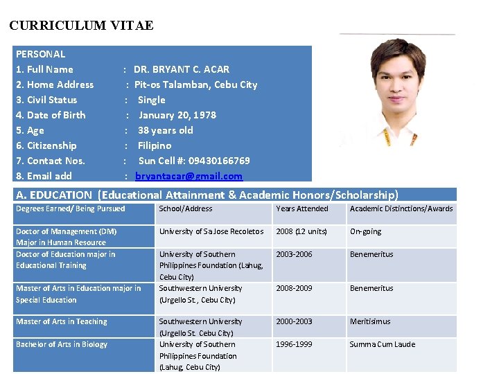 CURRICULUM VITAE PERSONAL 1. Full Name : DR. BRYANT C. ACAR 2. Home Address