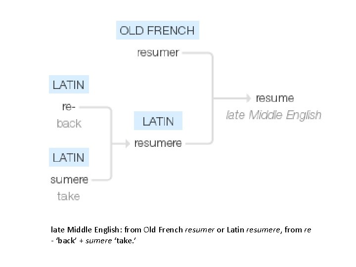 late Middle English: from Old French resumer or Latin resumere, from re - ‘back’