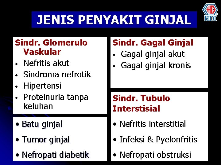 JENIS PENYAKIT GINJAL Sindr. Glomerulo Vaskular • Nefritis akut • Sindroma nefrotik • Hipertensi