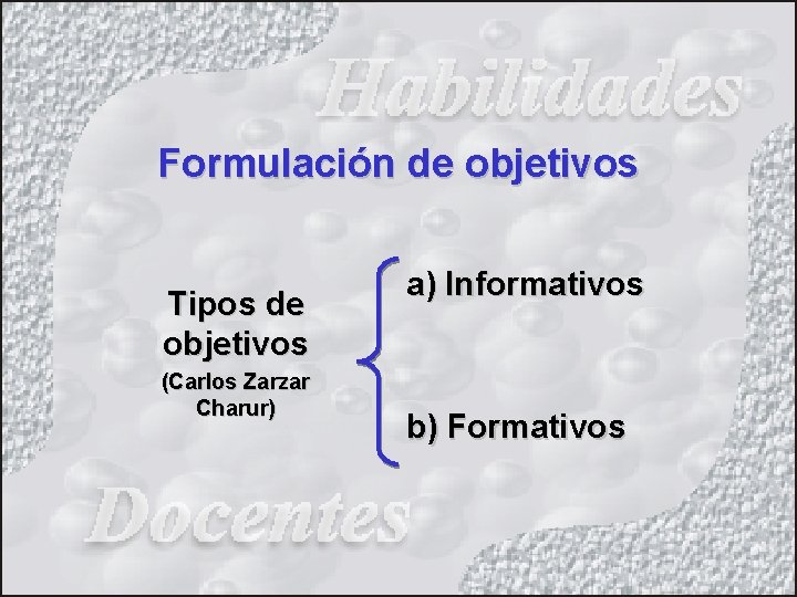 Formulación de objetivos Tipos de objetivos (Carlos Zarzar Charur) a) Informativos b) Formativos 