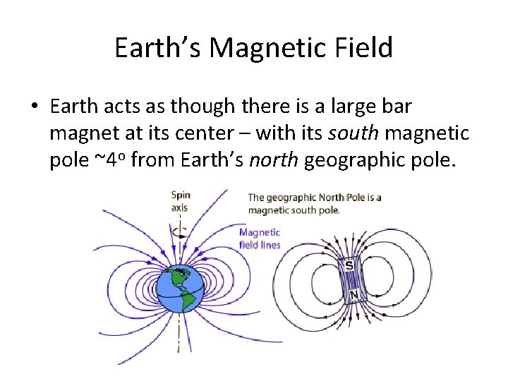 Earth’s Magnetic Field • Earth acts as though there is a large bar magnet