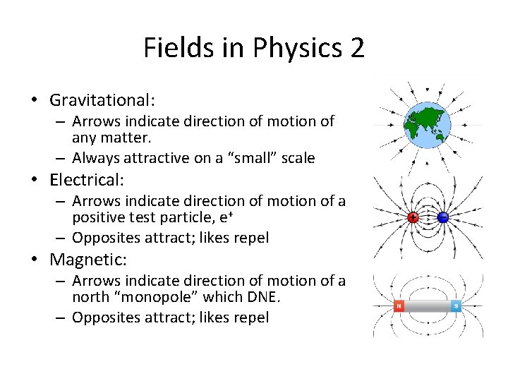 Fields in Physics 2 • Gravitational: – Arrows indicate direction of motion of any