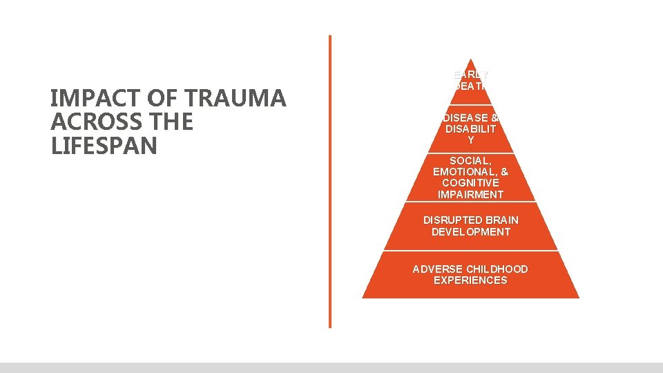 IMPACT OF TRAUMA ACROSS THE LIFESPAN EARLY DEATH DISEASE & DISABILIT Y SOCIAL, EMOTIONAL,