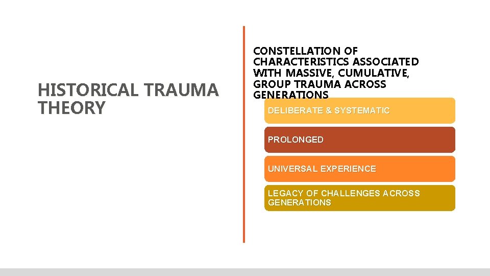 HISTORICAL TRAUMA THEORY CONSTELLATION OF CHARACTERISTICS ASSOCIATED WITH MASSIVE, CUMULATIVE, GROUP TRAUMA ACROSS GENERATIONS
