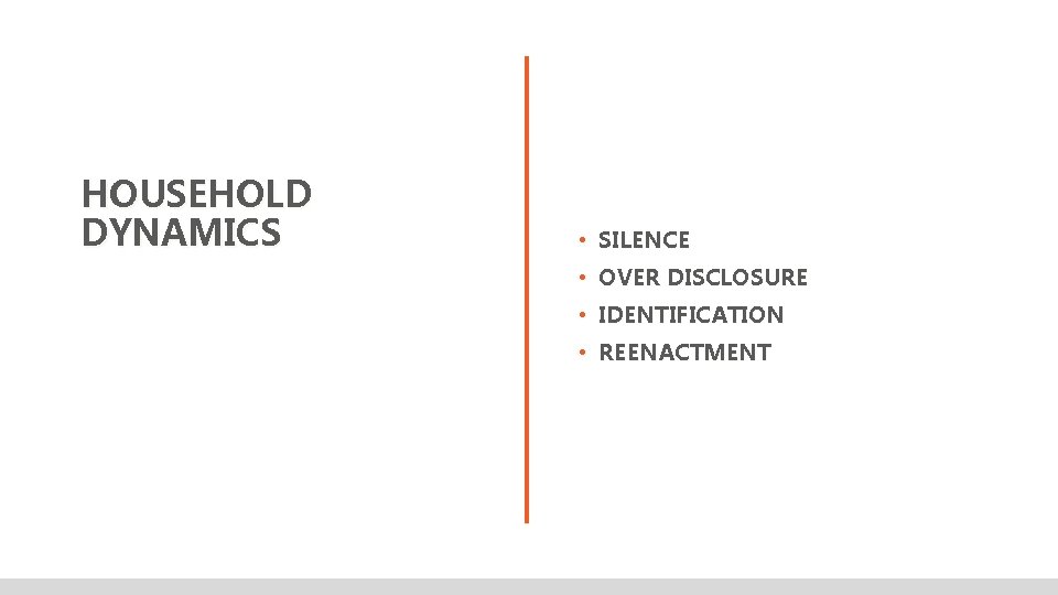 HOUSEHOLD DYNAMICS • SILENCE • OVER DISCLOSURE • IDENTIFICATION • REENACTMENT 