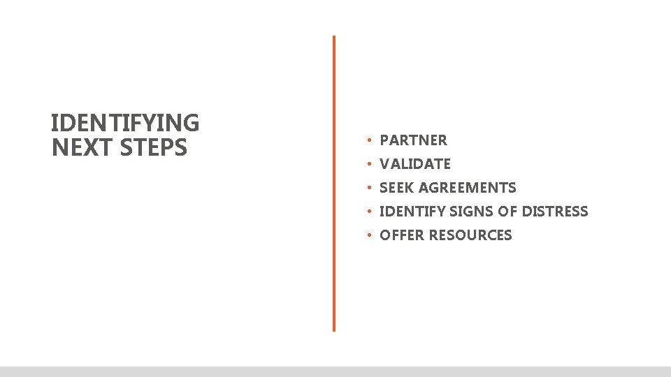 IDENTIFYING NEXT STEPS • PARTNER • VALIDATE • SEEK AGREEMENTS • IDENTIFY SIGNS OF
