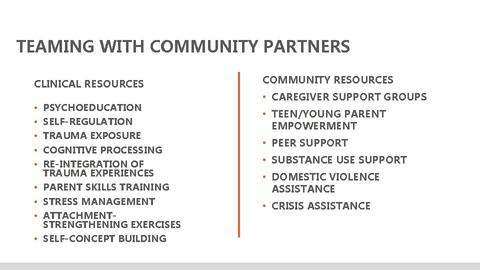 TEAMING WITH COMMUNITY PARTNERS CLINICAL RESOURCES • • • PSYCHOEDUCATION SELF-REGULATION TRAUMA EXPOSURE COGNITIVE