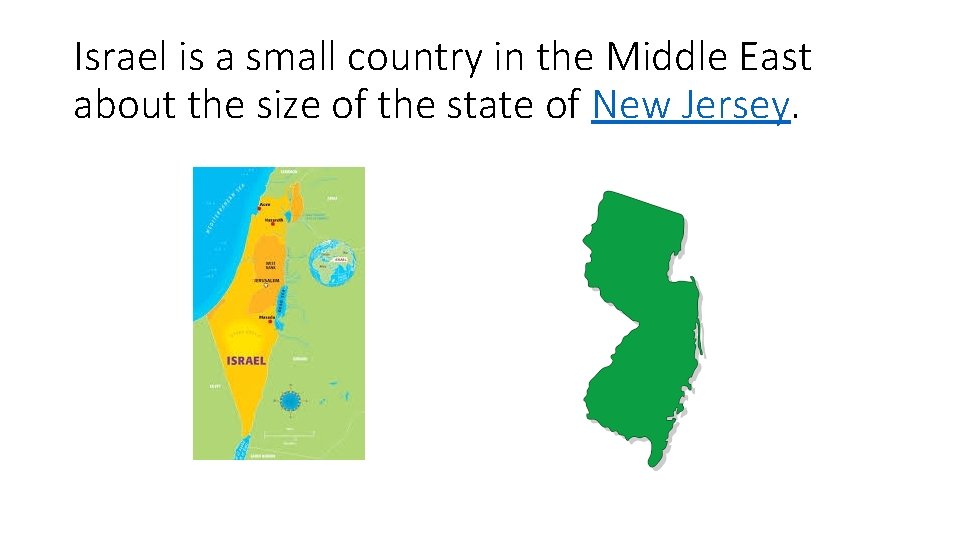 Israel is a small country in the Middle East about the size of the