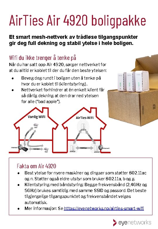 Air. Ties Air 4920 boligpakke Et smart mesh-nettverk av trådløse tilgangspunkter gir deg full