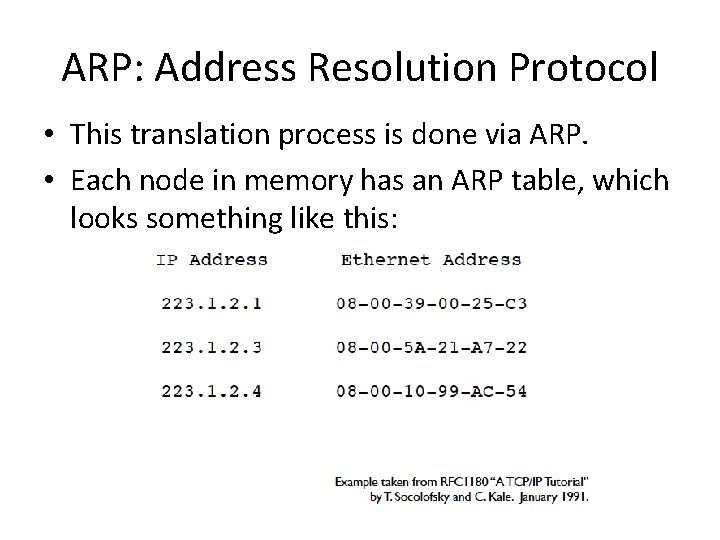 ARP: Address Resolution Protocol • This translation process is done via ARP. • Each
