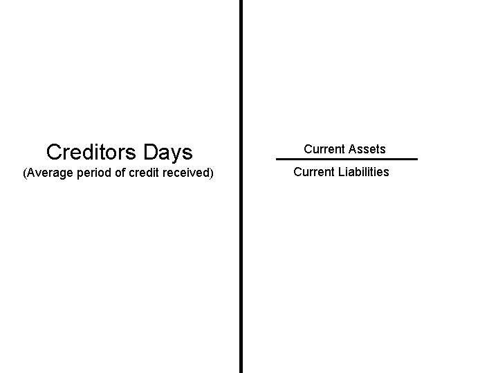 Creditors Days Current Assets (Average period of credit received) Current Liabilities 