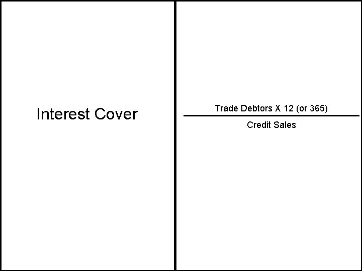 Interest Cover Trade Debtors X 12 (or 365) Credit Sales 